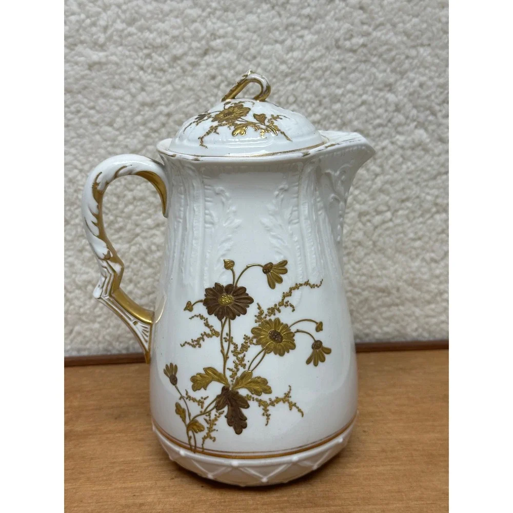 Vintage KT&K China Tall Coffee Pot / Chocolate Pot White Gold Floral Embossed